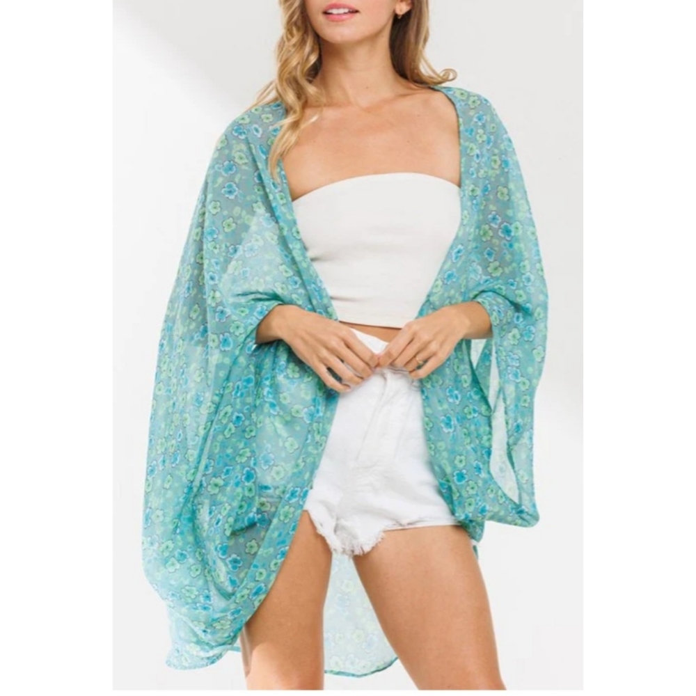 Beautiful teal and gree boho floral japanese print sheer open kimono/cape